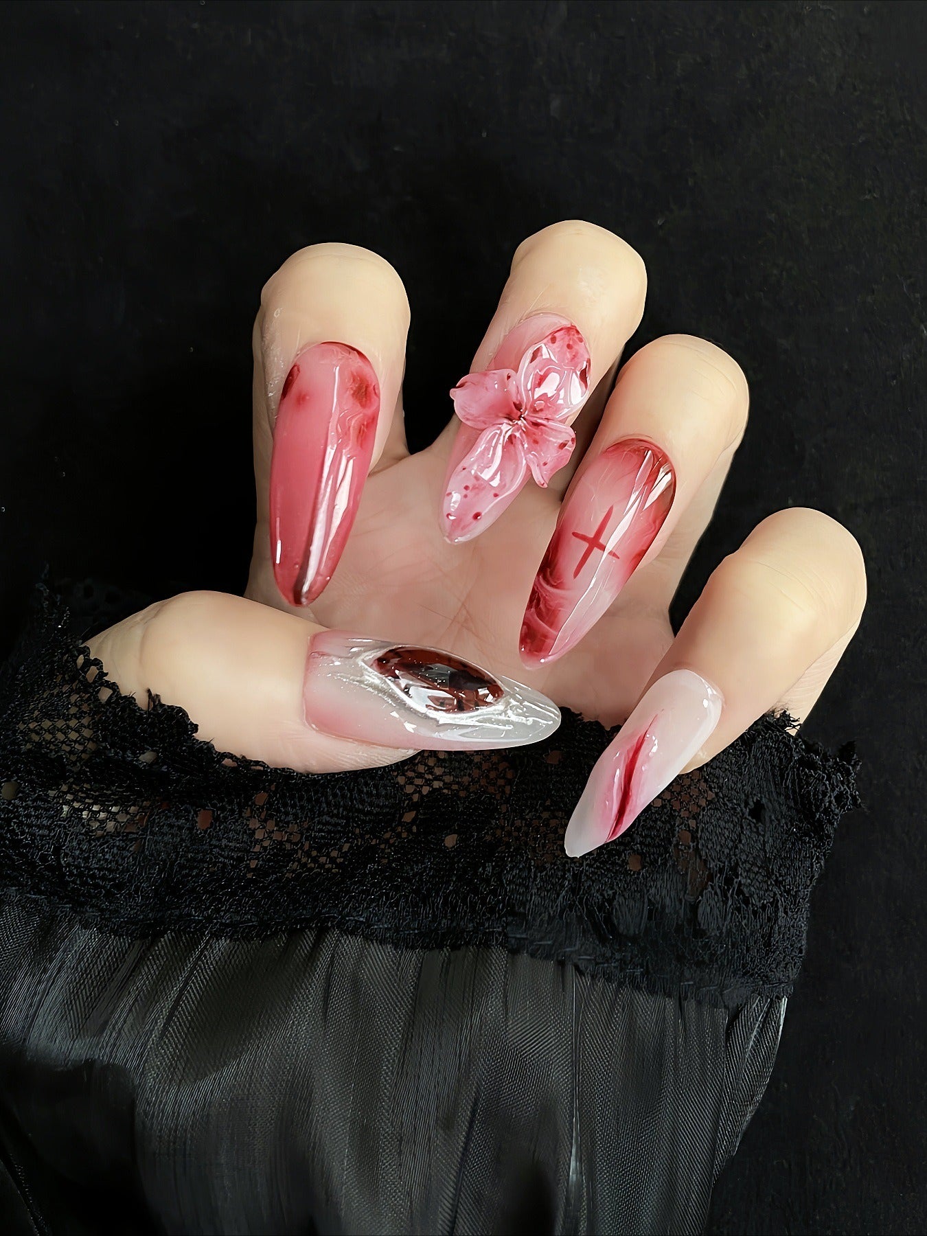 Gothic Blood Red Cross Press On Nails