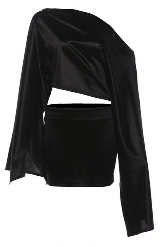 Glossy Asymmetric Bell Sleeve Skirt Sets