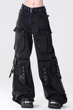 Multi Pocket Strap Wide Leg Cargo Jeans