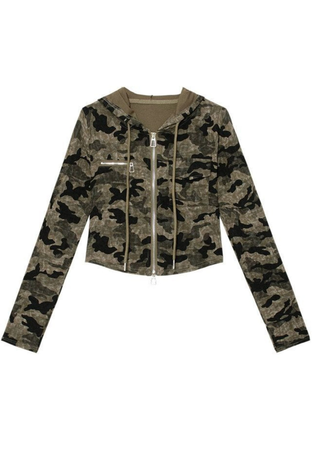 Camouflage Double Zip Cropped Hoodies