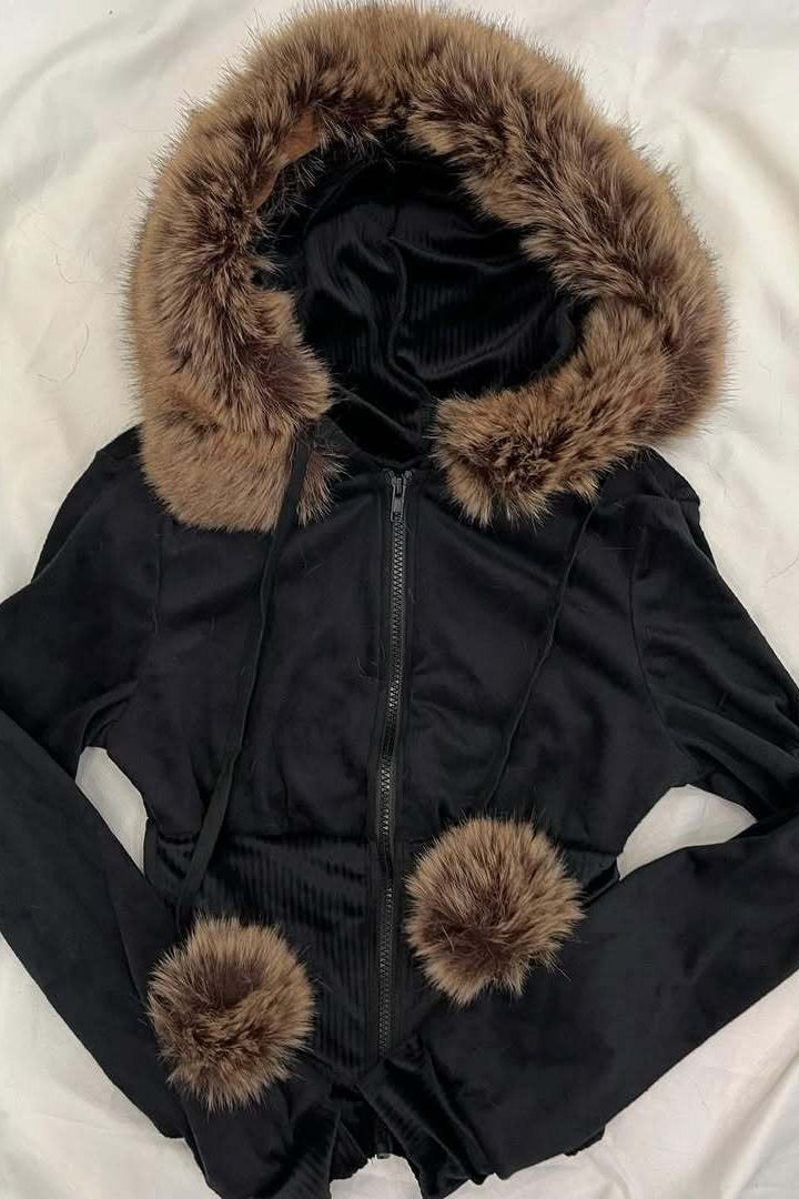 Velvet Fur Pom Drawstring Zip Hoodie Secondary image