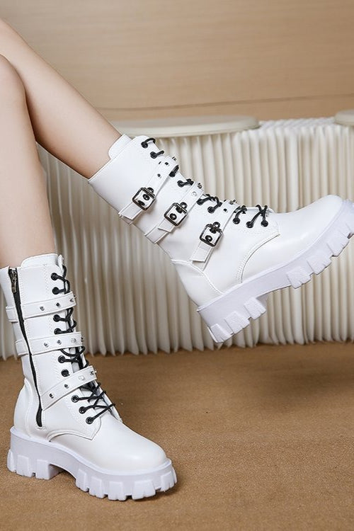 Lace-Up Buckle Mid-Calf Combat Boots