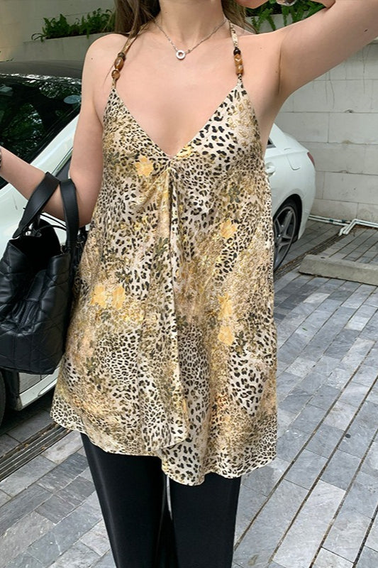 Leopard Print Beaded Irregular V-neck Chiffon Cami Top Main image