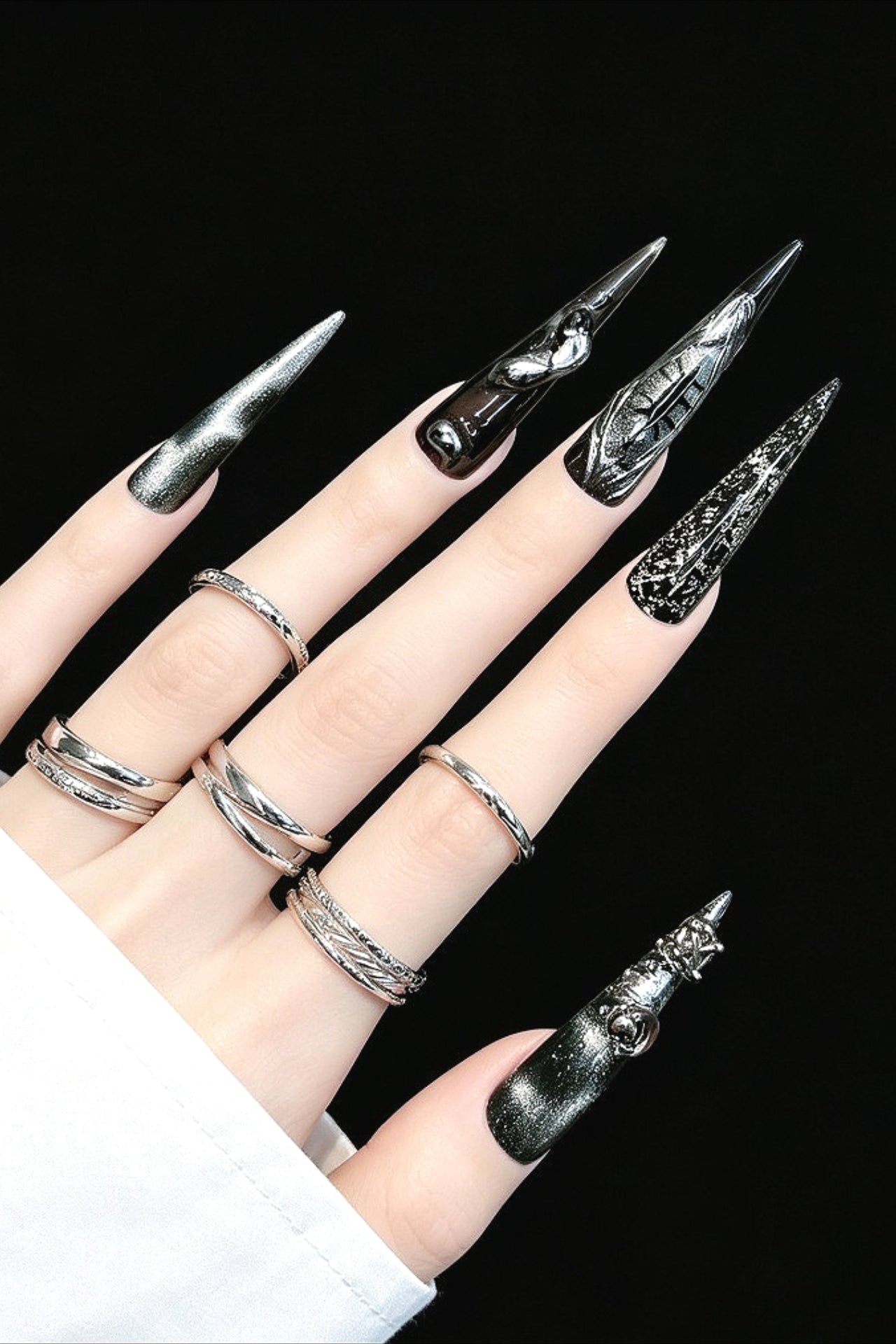 Snake Eye Glitter Long Stiletto Dark Press On Nails