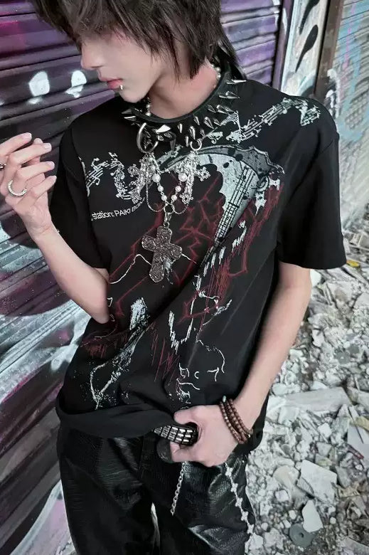 Dark Punk Alt-Girl Printed Silk Loose T-shirt Main image