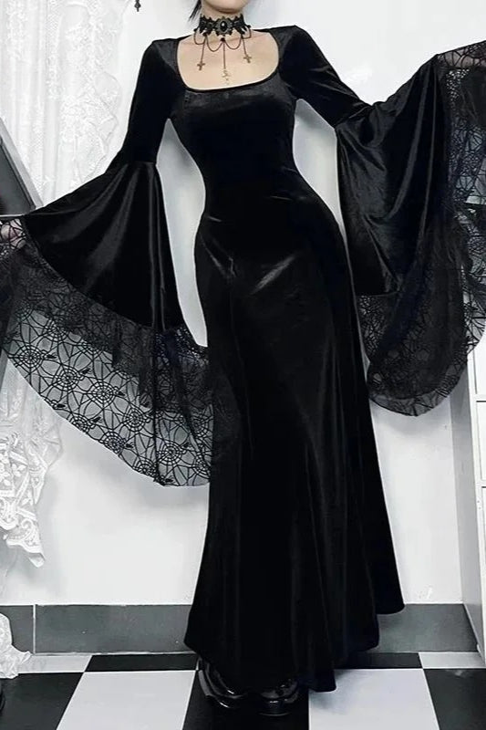 Halloween Gothic Vintage Velvet Spider Web Flare Sleeve Maxi Dress Main image