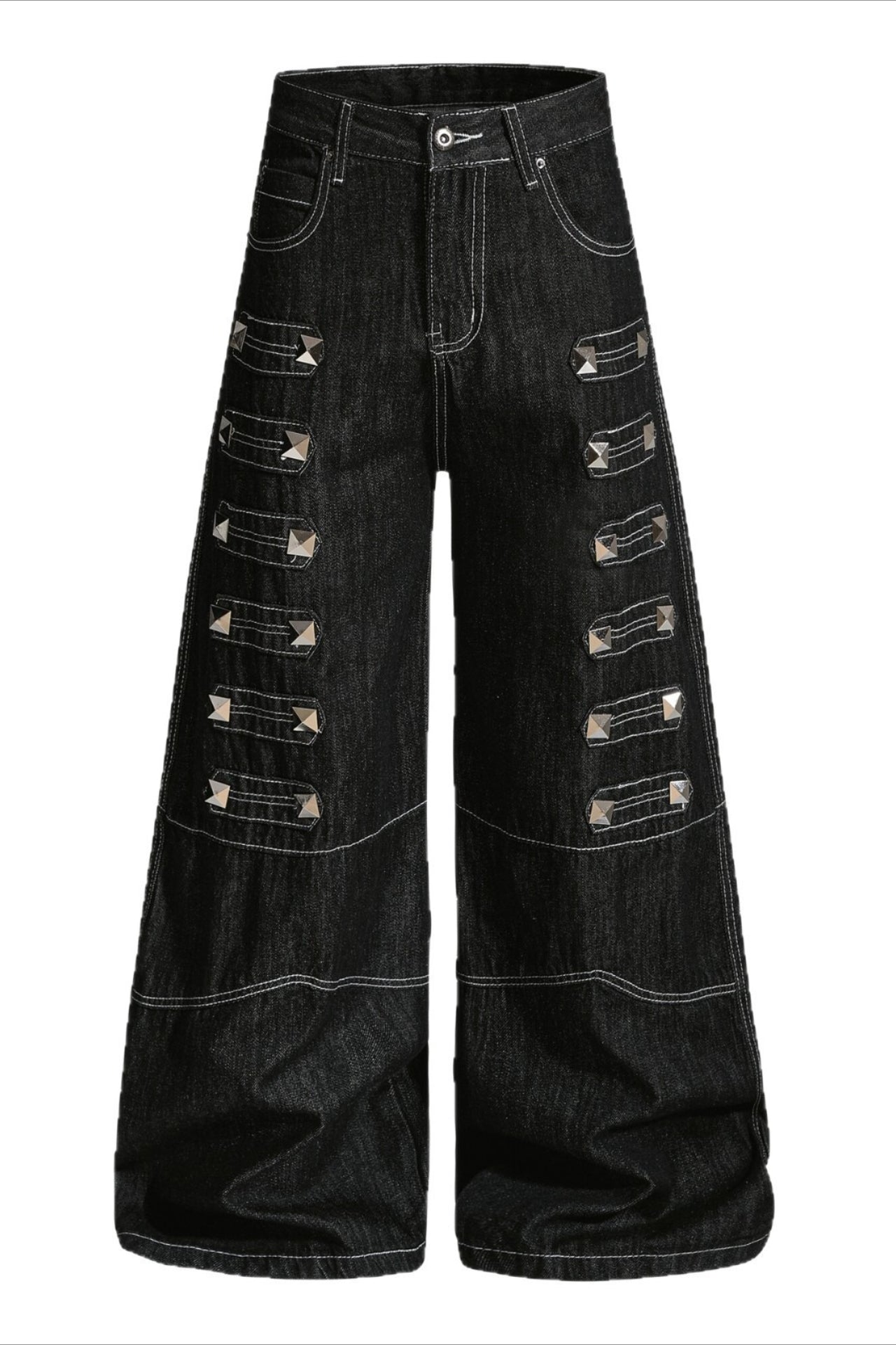 Studded Contrast-Stitch Flared Jeans