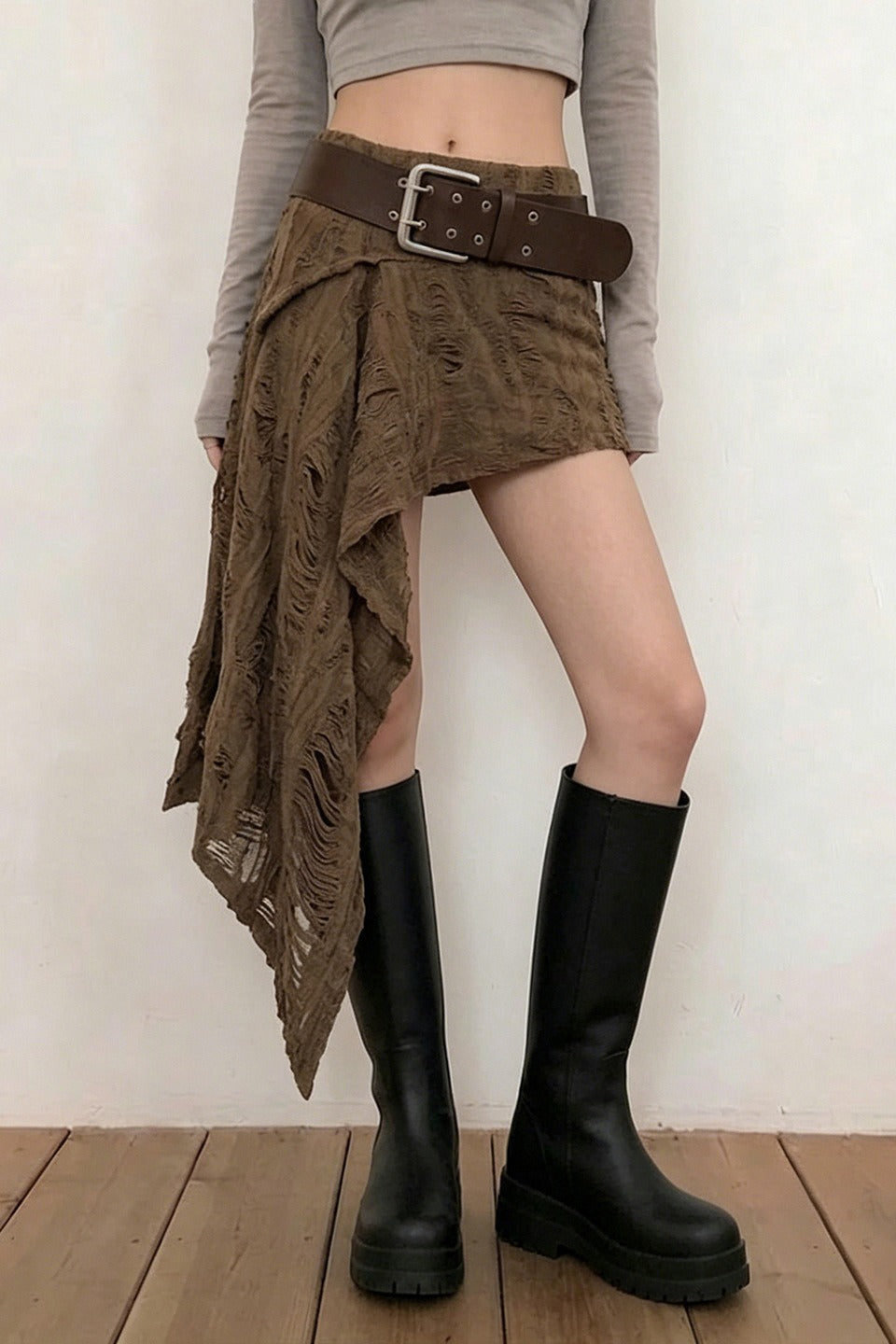 Textured Asymmetric Draped Mini Skirts