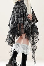 Black Plaid Lace Asymmetrical Mini Skirt