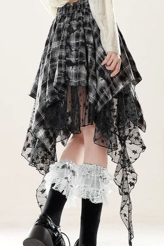 Black Plaid Lace Asymmetrical Mini Skirt