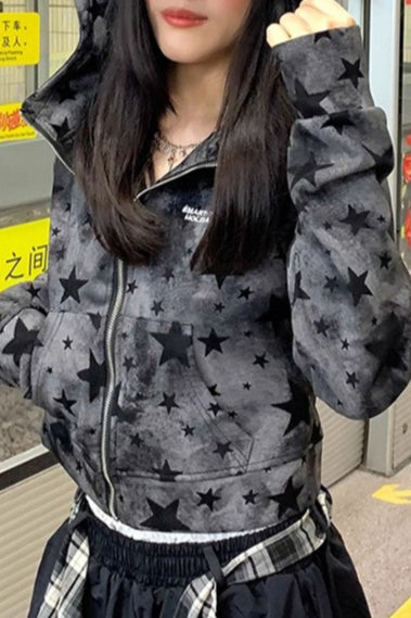Street Style Star Print Zip-Up Hoodie Secondary image