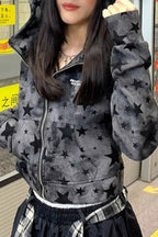 Street Style Star Print Zip-Up Hoodie