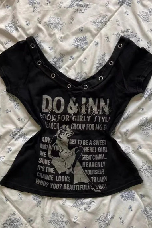 Punk Y2K Vintage Letter Print V-Neck T-shirt