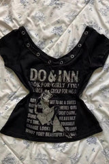 Punk Y2K Vintage Letter Print V-Neck T-shirt