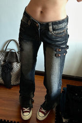 Retro Deconstructed Low-Rise Straight Floor-Length Denim Pants