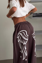 Wing Print High Waist Wide Leg Pants
