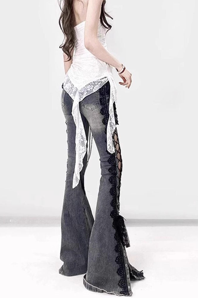 Lace Trim And Plain Denim Pants