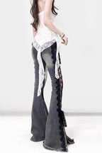Lace Trim And Plain Denim Pants