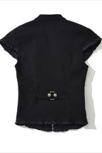 Military Button Ruffle Trim Fitted Top