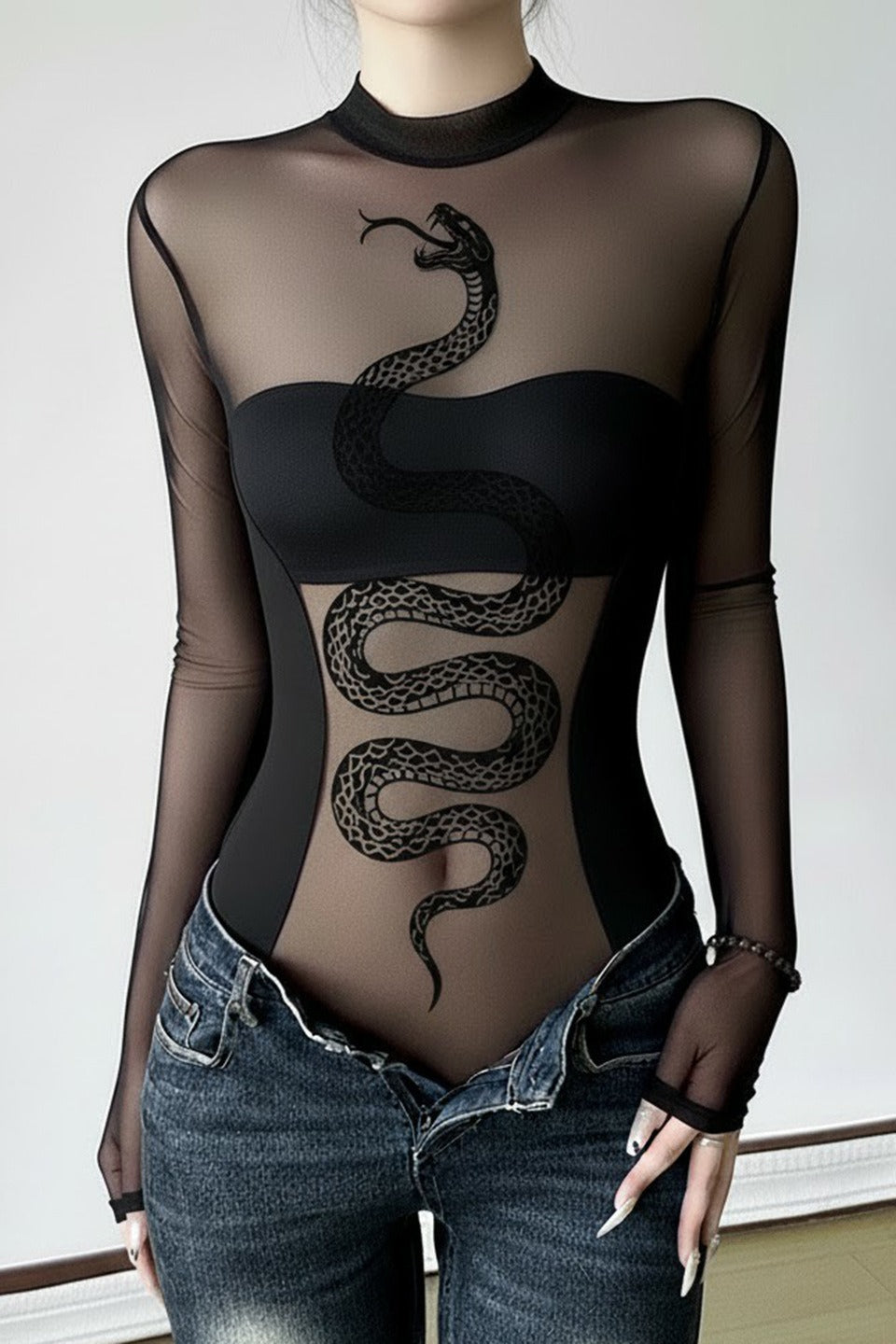 Sheer Dark Snake Print Bodysuit Mesh Top
