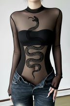 Sheer Dark Snake Print Bodysuit Mesh Top