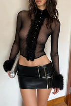Fur Trim Mesh Long Sleeve Cardigan