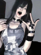 Alternative Dark Punk Skull Y2K Cross Glove-Ring Combo Gloves