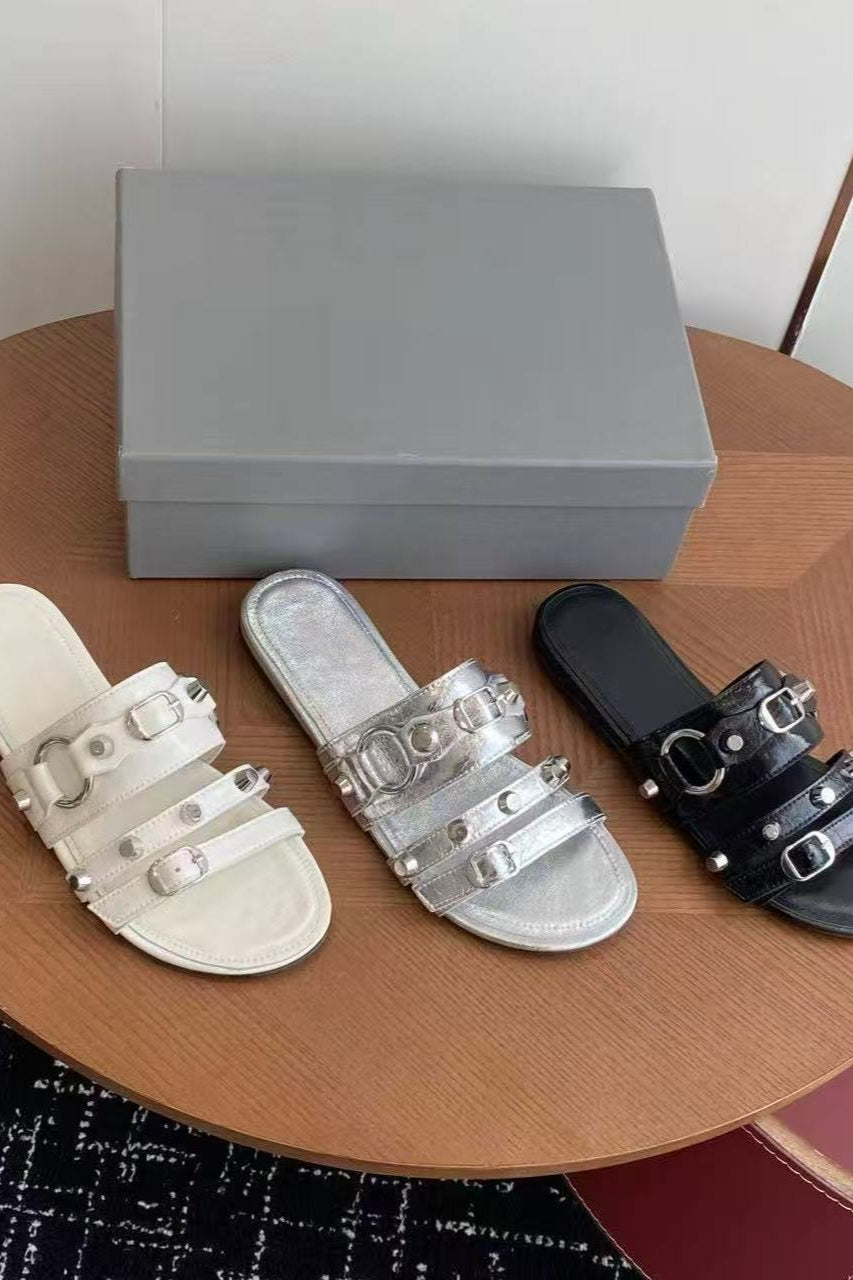 Multi-Buckle Studded Flat Slides