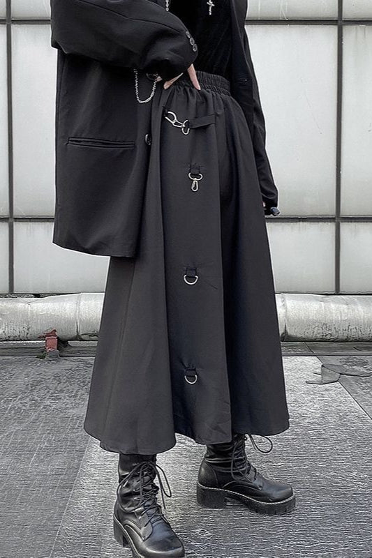Dark Japanese Street Buckle Midi A-Line Skirt