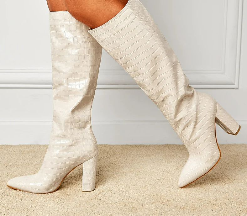 Solid Color Snake Pattern Knee-High Punk Boot