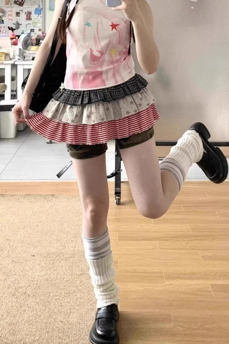 A-Line Pleated Patchwork Layered Star Striped Plaid Mini Skirt Secondary image