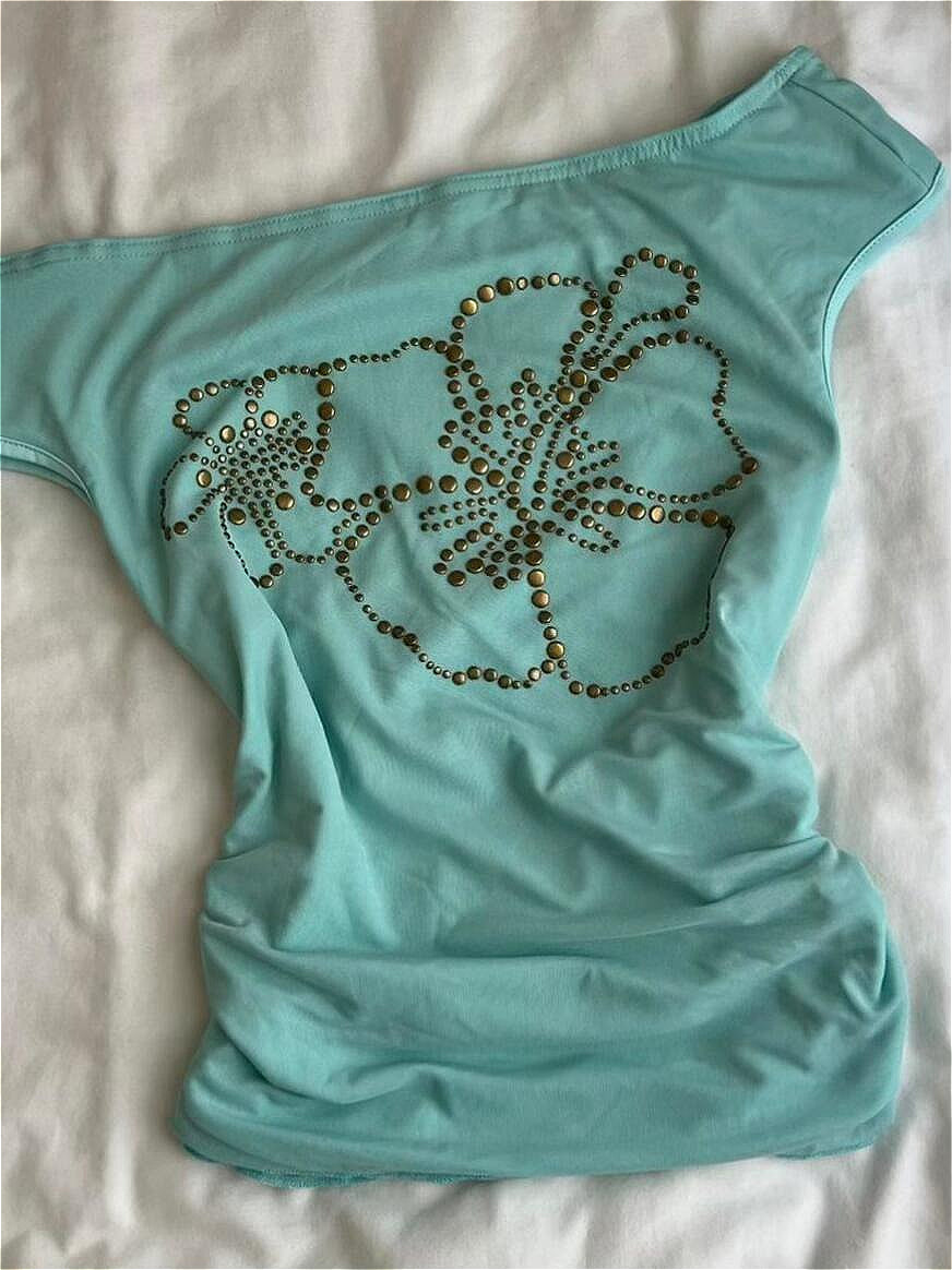 Y2K One Shoulder Hibiscus Rhinestone T-shirt