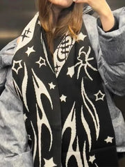 Black Tassel Star Striped Warm Knit Scarf