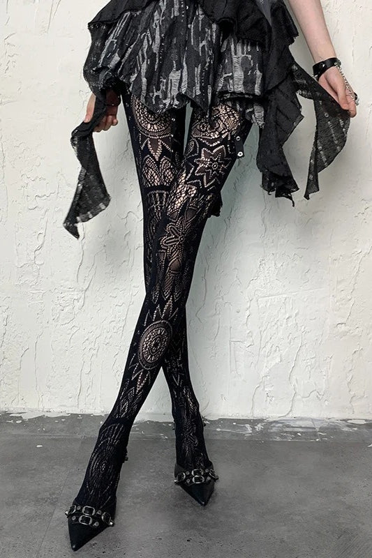 Gothic Retro Totem Sunflower Mesh Hollowed Jacquard Socks Main image