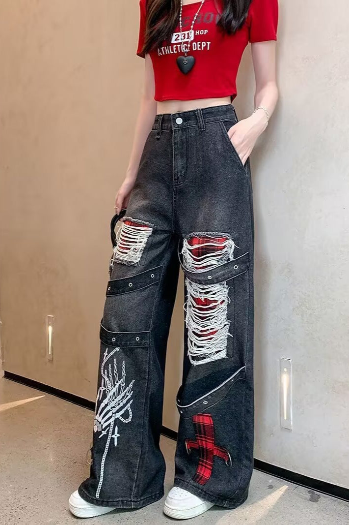 Distressed Graphic Wide Leg Jeans