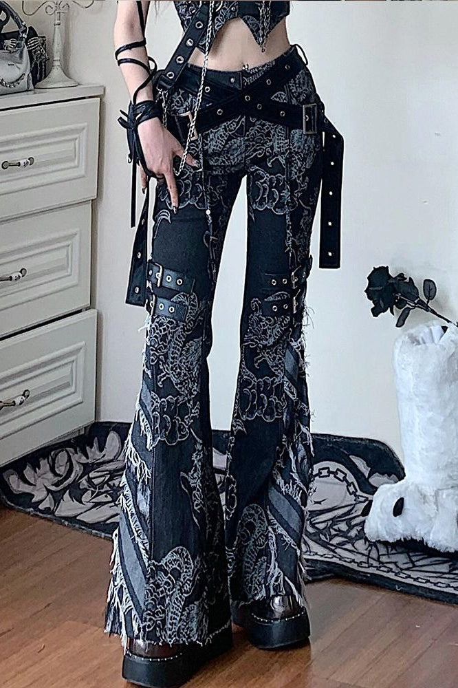 Retro Dragon Patchwork Flared Floor-Length Denim Pants Secondary image