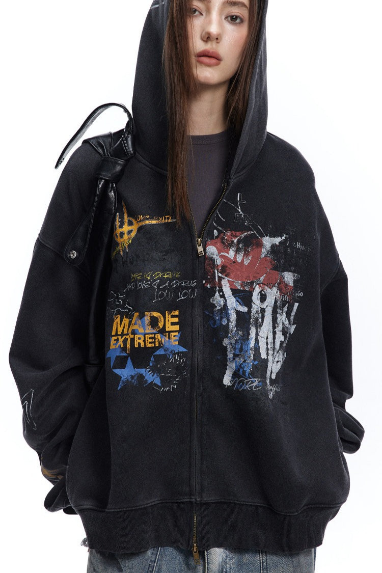 Hip-hop Graffiti Print Zip-up Hooded Coat Secondary image