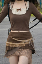 Brown Lace Layered Asymmetrical Mini Skirt
