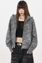 Camouflage Print Braided Trim Hoodies