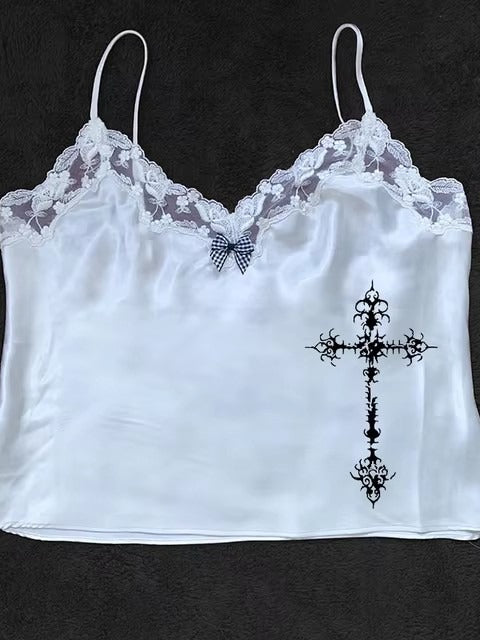 Gothic Cross Print Lace Trim Crop Top Secondary image