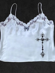 Gothic Cross Print Lace Trim Crop Top