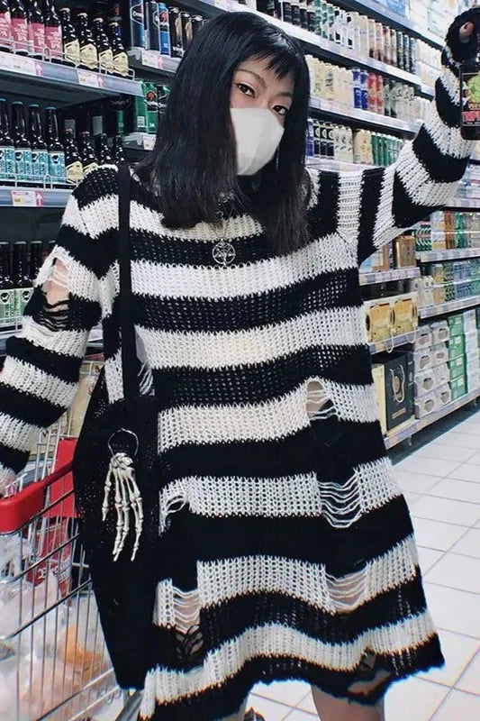 Goth Striped Ripped Long Sleeve Knitted Sweater Secondary image