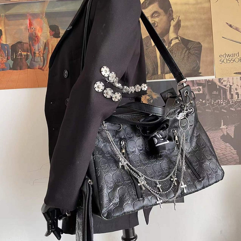Y2K Gothic Skulls Printing Leather Large Capacity Punk Cross Chain Bag Halloween