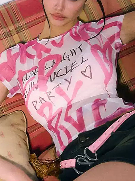 Y2K Airbrush Print Hot Girl Mesh Top