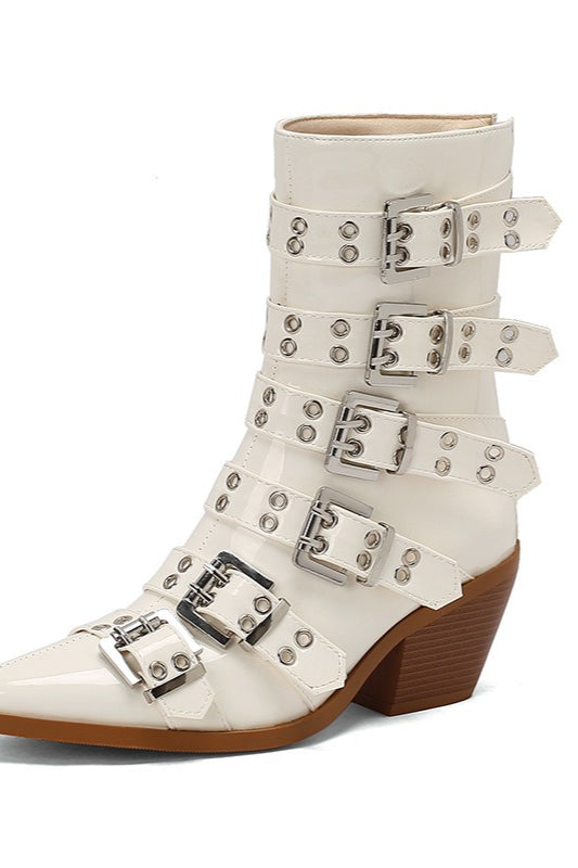 Pointed Buckle Western Ankle Boots