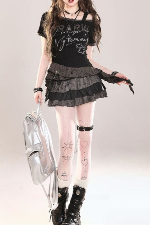 Dark Y2K Angel Print Off-Shoulder Slim T-shirt