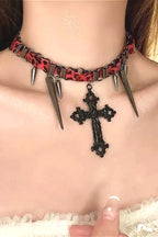 Gothic Leopard Print Studded Cross Necklace