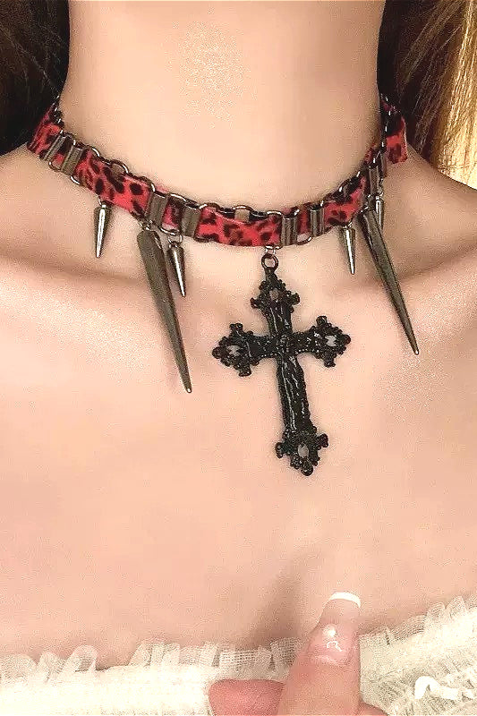 Gothic Leopard Print Studded Cross Necklace