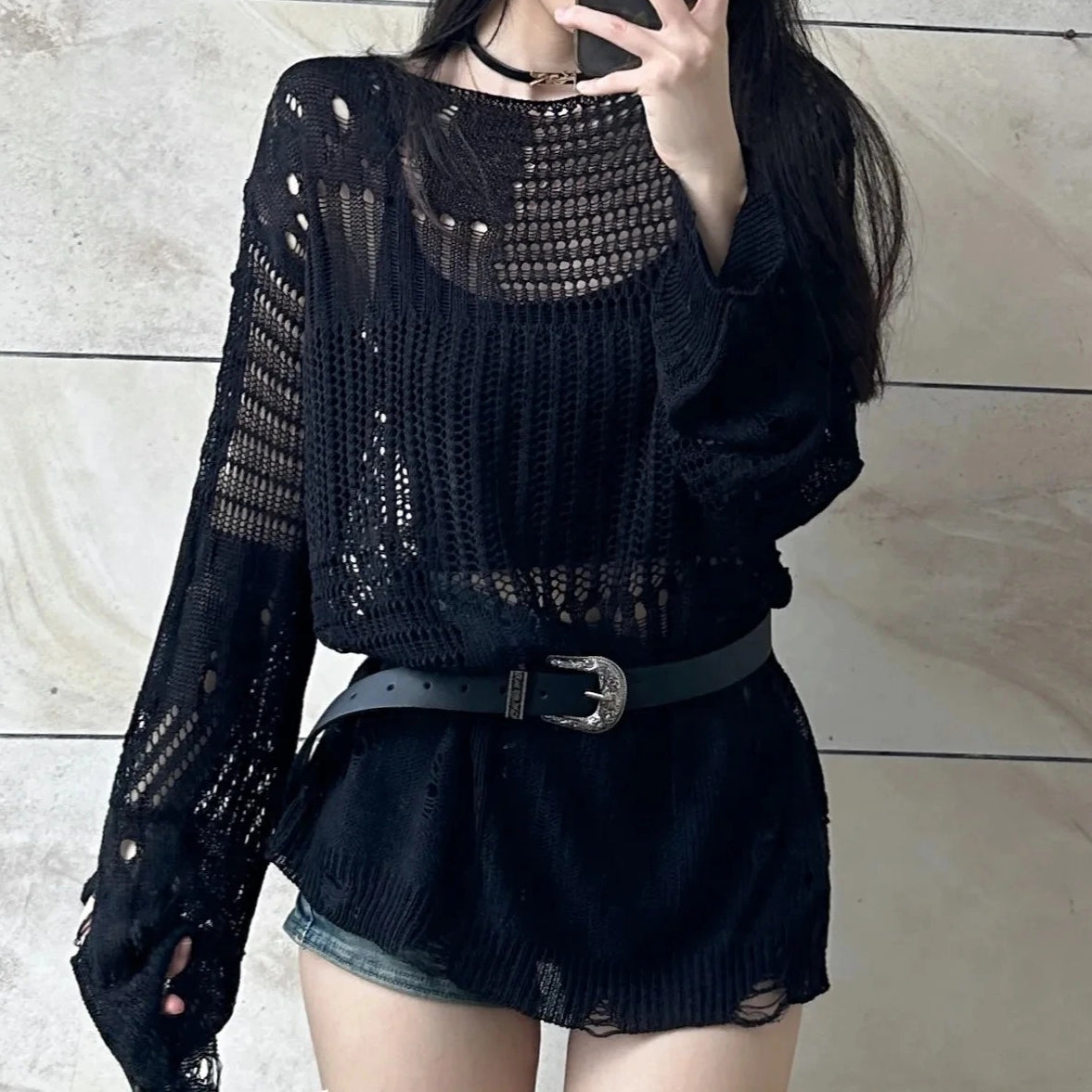 Hollow Knit Long Sleeve Top Main image