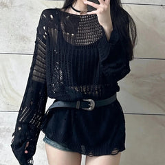 Hollow Knit Long Sleeve Top